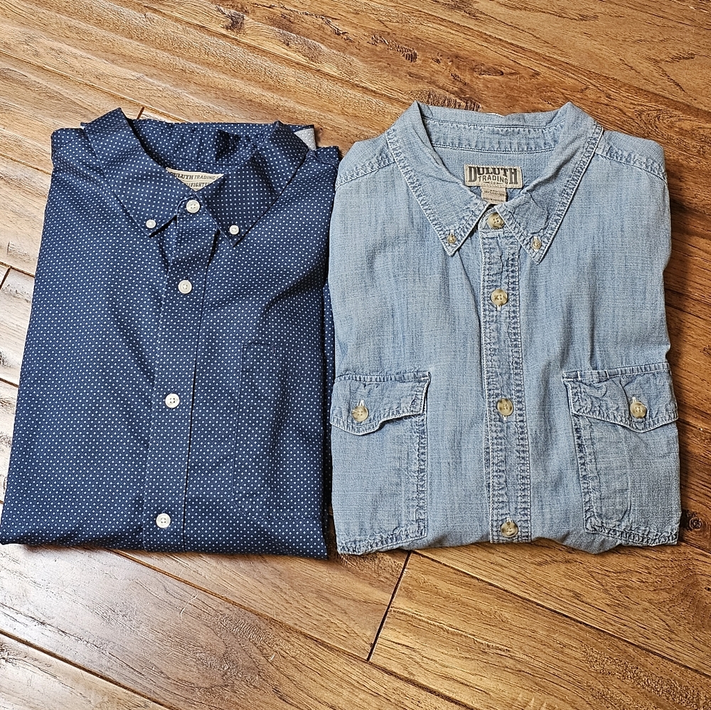 2 Duluth Trading Co. Mens 2XL XXL button down shirts long sleeve blue dot denim